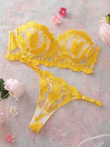 2件套黄色刺绣无钢圈抹胸文胸套装，配透明肩带 - 黃色 - 查看 7