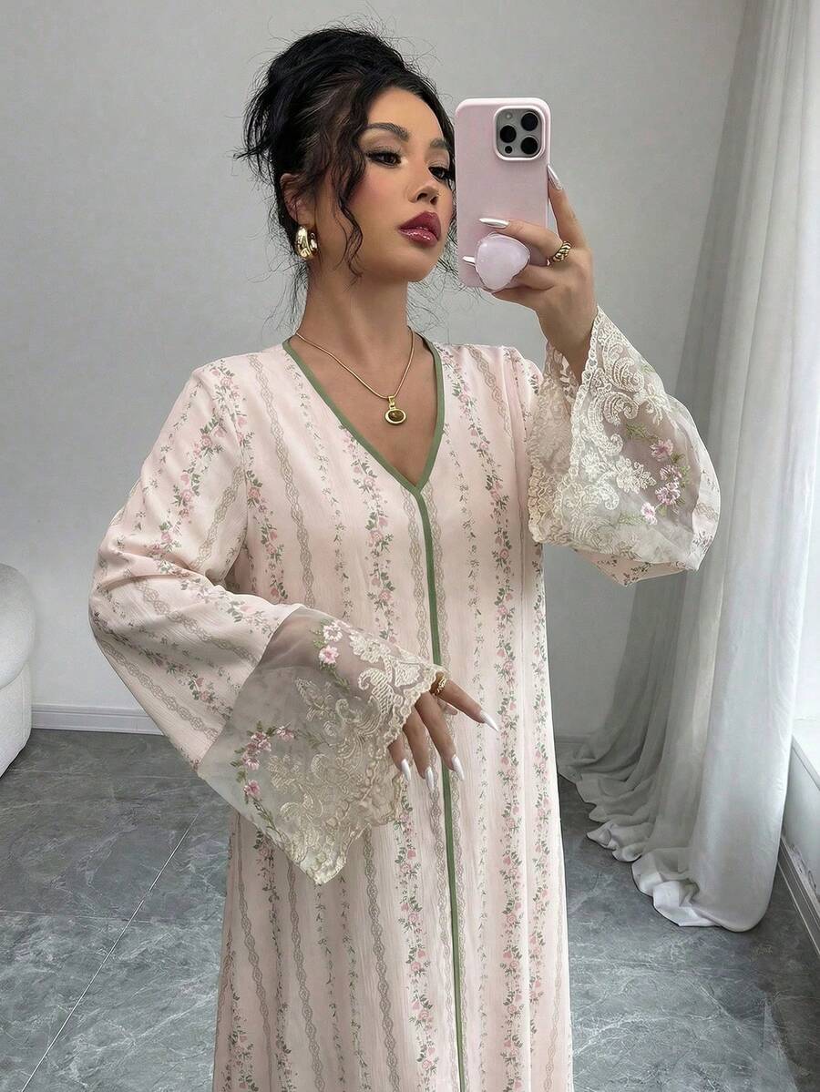 Yasmyna 女士梭织印花袖口拼接长袖宽松阿拉伯连衣裙 - 粉色 - 查看 1