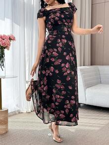 Feyla Plus Size Elegant Floral Print Off Shoulder Dress, Summer Wedding Guest Black And White - Black - View 6