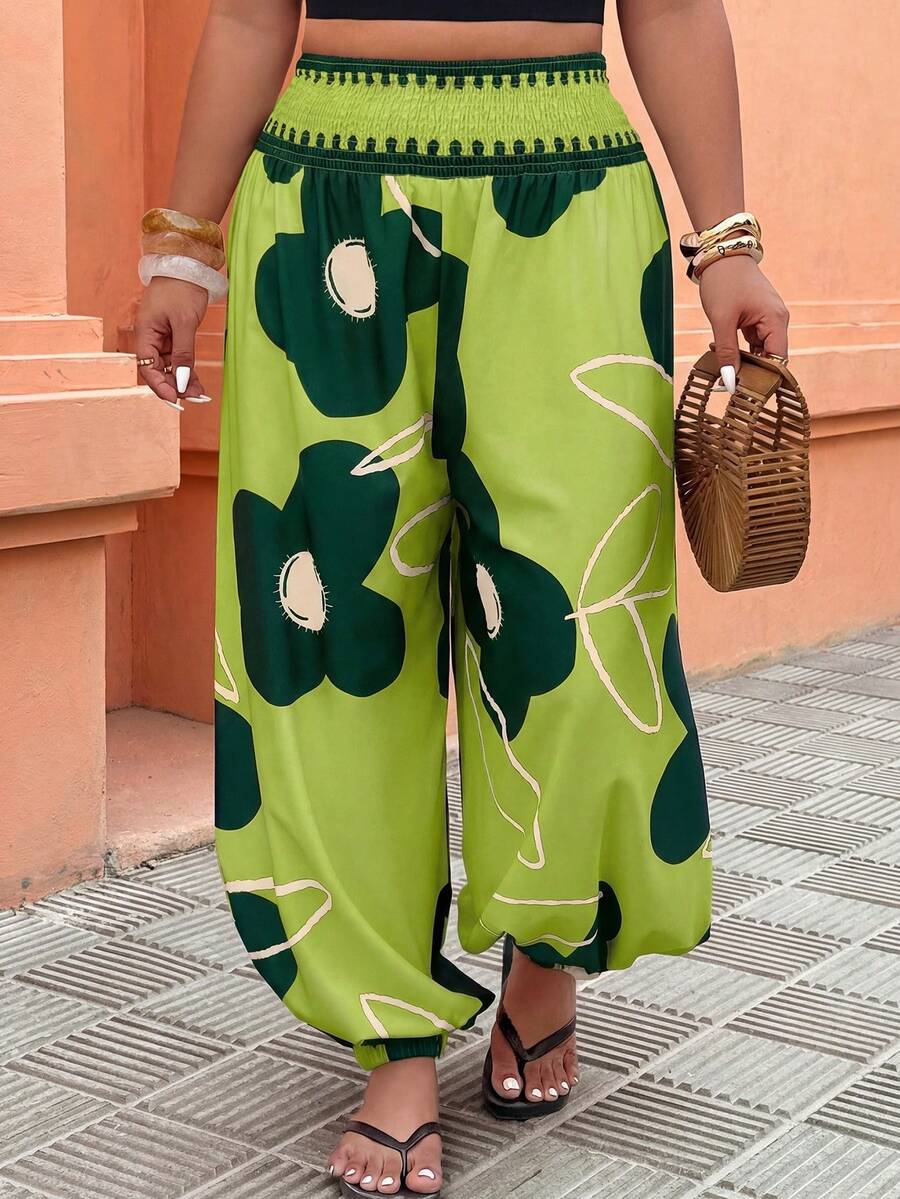 SHEIN LUNE Quần ống loe cạp chun dành cho nữ cỡ lớn, quần dài thoải mái cho kỳ nghỉ, họa tiết hoa thời trang, thích hợp cho mùa hè. - Nhiều màu - Xem 1