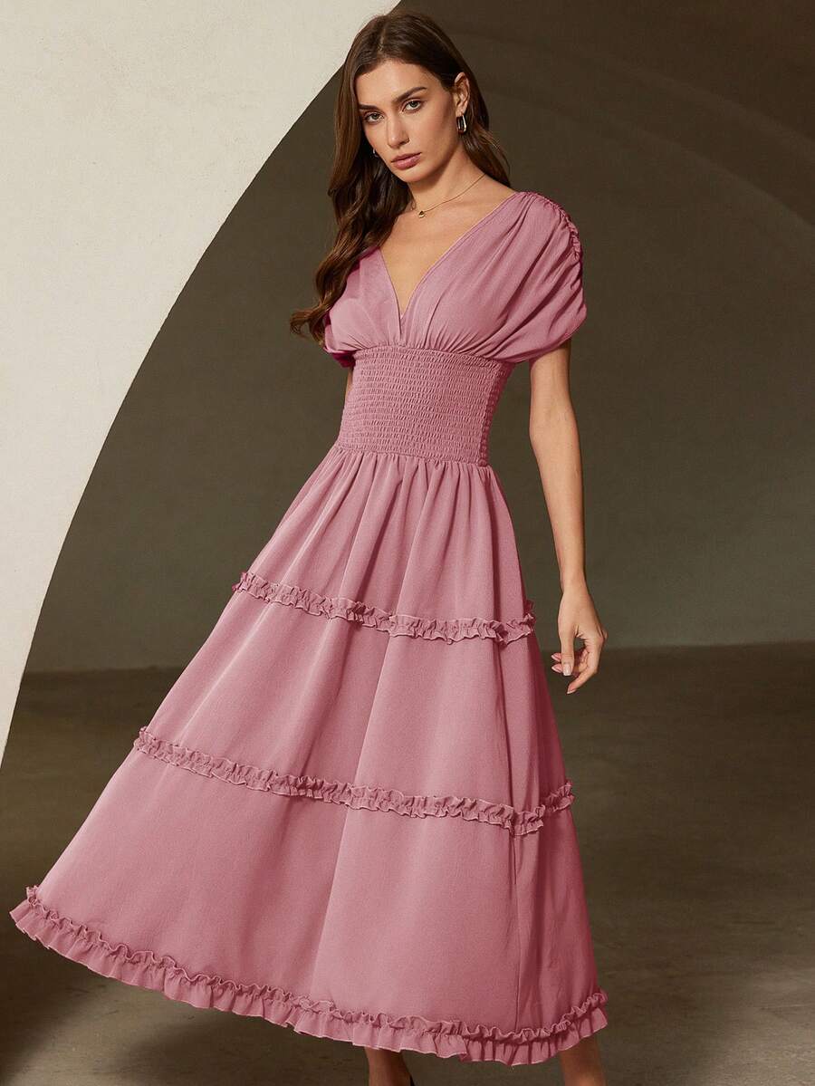 Aveloria Rosie Vestido morado con textura, mangas cortas de hombros caídos, cintura fruncida, falda acampanada con volantes en el bajo, elegante y romántico, versátil para vacaciones para mujeres - Rosa - Ver 1