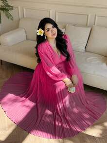 Flirla 法式优雅公主风褶皱荷叶袖A字度假婚礼伴娘礼服，纯黄色，大码 - 玫紅色 - 查看 5