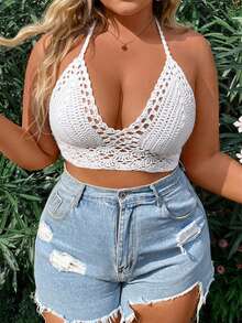 Flirla Áo khoác ngoài đi biển đan móc tay cỡ lớn dành cho nữ, có dây buộc cổ. - trắng - Xem 4