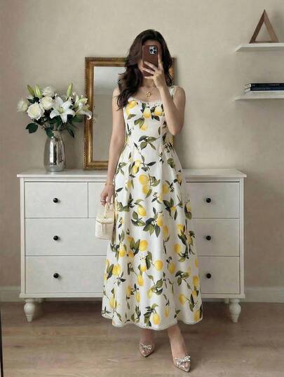 Modelyn Elegant Lemon Print Sleeveless Midi Dress For Women