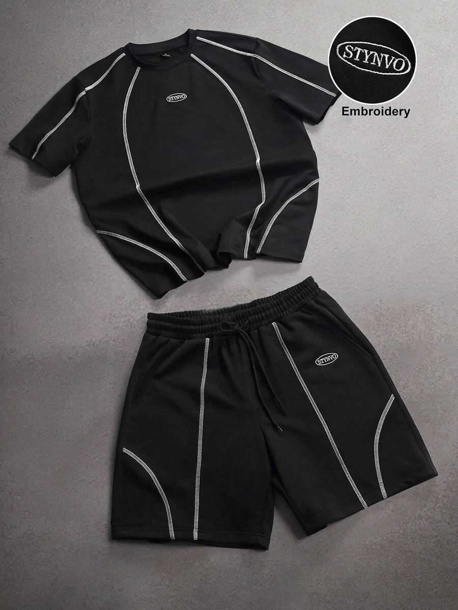 STYNVO Men's Casual Contrast Stitching Short Sleeve T-Shirt Set - Black - View 1