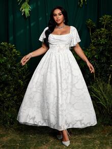 Roveilla 大码方领荷叶袖镂空提花雪纺优雅复古可爱度假派对连衣裙，飘逸裙摆 - 白色 - 查看 7