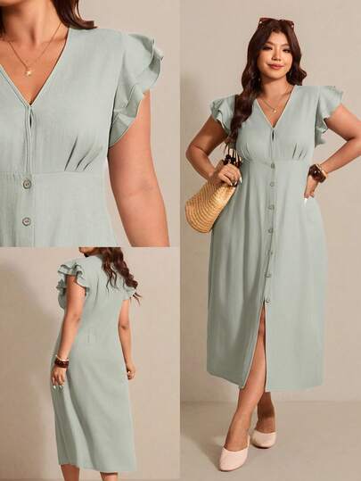 Elaquor Plus Size Elegant V-Neck Layered Cap Sleeve Vacation Dress Button Front Dresses For Women Casual Midi Dress, Summer Dresses