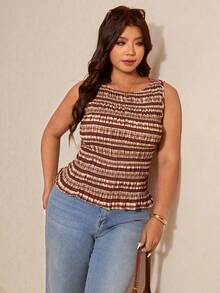 Elaquor Plus Size Summer Casual Striped Slim Fit Tank Top Spring/Summer Top For Women Going Out Top For Women Spring/Summer Casual Elegant Vacation Top, Summer Tops - Brown - View 6