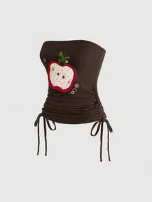 Sweetness Women's Sexy Retro All-Match Crop Top With Apple Embroidery Floral Decor, Versatile For Spring/Summer Teachers' Day Golf Pastal - Brown - View 5