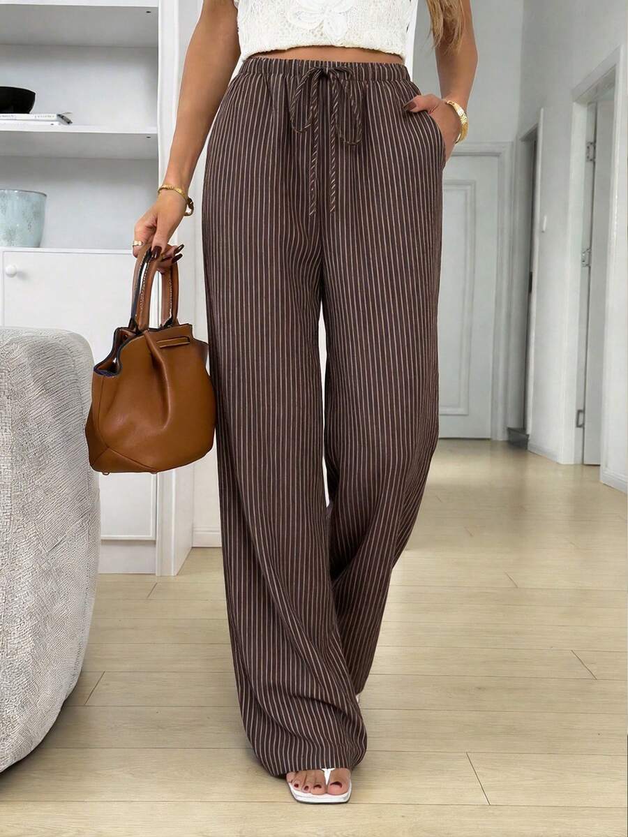 Easowa Women's Striped Tie-Waist Straight Leg Loose Casual Pants - Brown - View 1