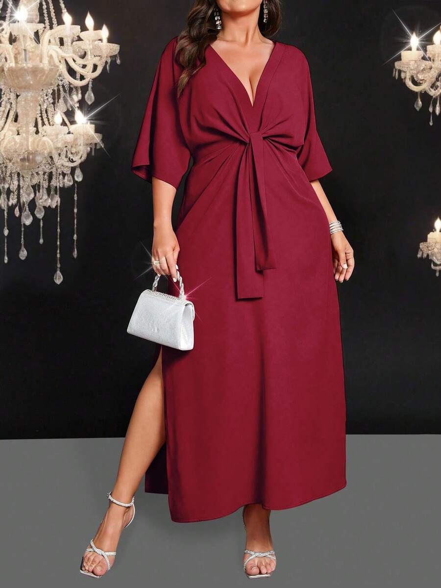 SHEIN Belle Vestido de talla grande de manga corta con dobladillo dividido, unicolor y cintura ceñida - Rojo - Ver 1