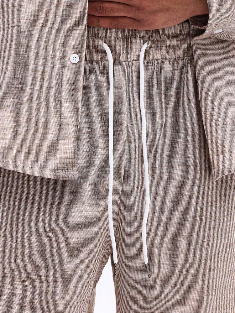 Linen Feel Button Shirt With Drawstring Shorts Set