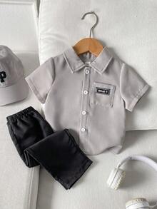 SHEIN Playful Pals 2pcs/Set Infant Baby Boy Summer Casual Beach Outfit:Short Sleeve Button Up Striped Color Block Digital Print Shirt Black Relaxed Fit Pants Grey Set - Grey - View 1
