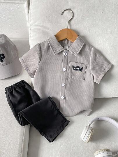 SHEIN 2pcs/Set Summer Casual Infant Baby Boy Shirt Set: 1pc Striped Color Block Digital Print Short Sleeve Shirt With Lapel Collar, Paired With 1pc Plain Brown Relaxed Fit Pants. Showcasing A Simple And Elegant Style, Suitable For Daily Wear, Vacation And Playtime In Spring And Summer. Boys Button Up Outfit Baby Shirts And Shorts Set Grey Baby Boy Outfit Boy Outfit Sets For Summer Baby Boy Shirt And Short Set