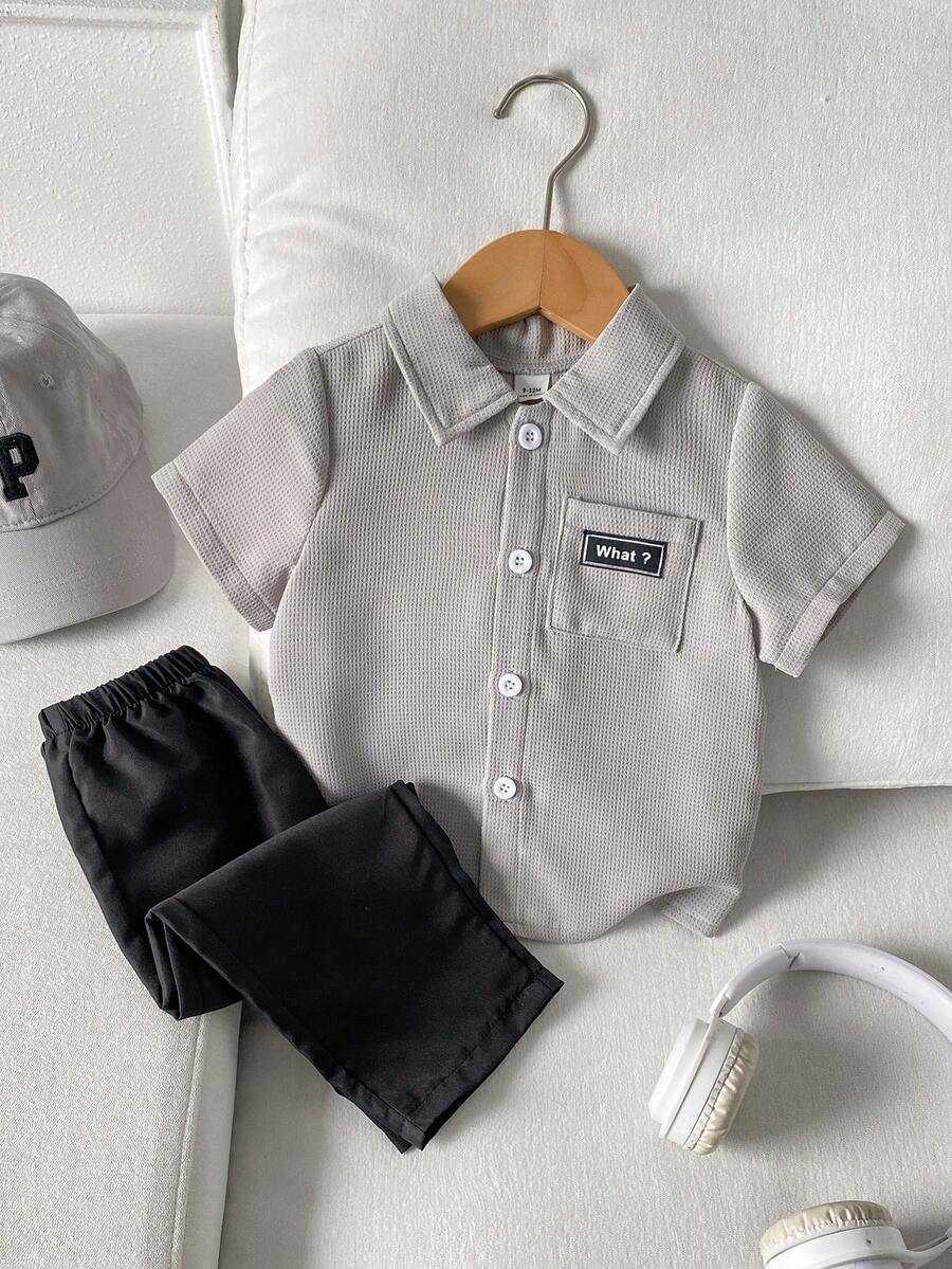 SHEIN Playful Pals 2pcs/Set Infant Baby Boy Summer Casual Beach Outfit:Short Sleeve Button Up Striped Color Block Digital Print Shirt Black Relaxed Fit Pants Grey Set - Grey - View 1