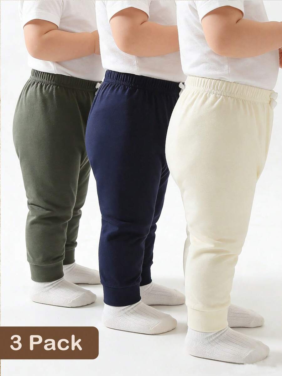 SHEIN Vintaside Kids 3件套男婴纯色前蝴蝶结运动裤 - 軍綠色 - 查看 1