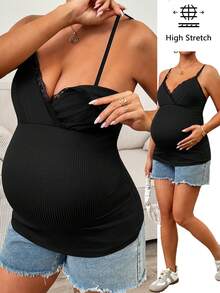 SHEIN Maternity Solid Color Contrast Lace Ribbed Camisole - Black - View 3