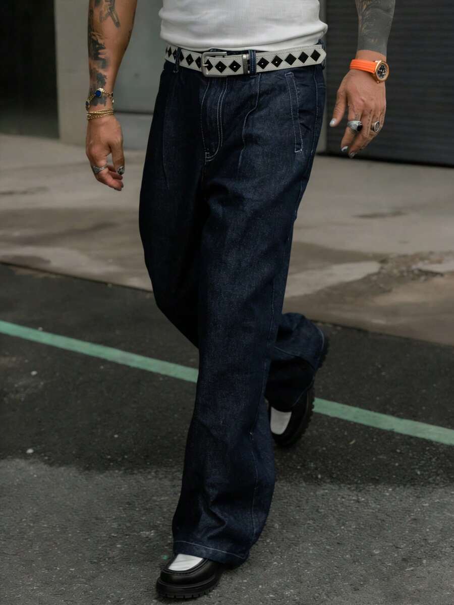 DAZY Men's Loose Fit Wide Leg Navy Blue Jeans, Suitable For Spring And Autumn - Blue - View 1