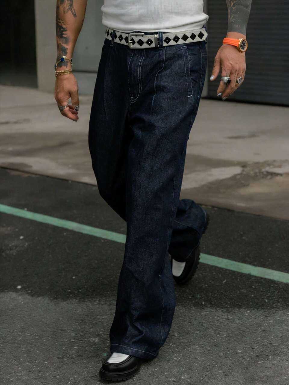 Men's Loose Fit Wide Leg Navy Blue Jeans, Suitable For Spring And Autumn