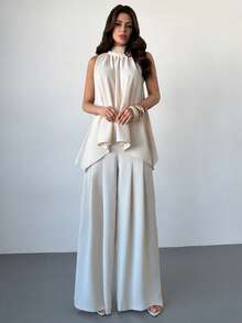 Firerie Women's Elegant Minimalist Comfortable Fashion Vacation Bohemian Commute Urban Modern Casual Halter Backless Draped Blouse And High Waist Wide Leg Flowing Pants Two Pieces Set, Apricot - Apricot - View 4