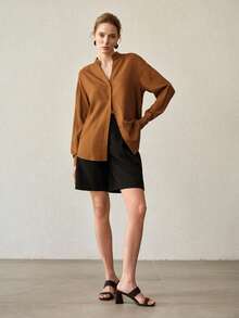 MOTF PREMIUM BROWN NOTCH NECK LOOSE CASUAL VINTAGE STYLE BLOUSE FOR WOMEN, SUITABLE FOR WORK AND EVERYDAY WEAR, SPRING/SUMMER - Brown - View 3