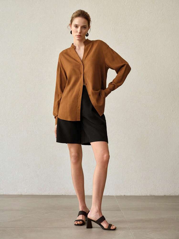 BROWN NOTCH NECK LOOSE CASUAL VINTAGE STYLE BLOUSE FOR WOMEN, SUITABLE FOR WORK AND EVERYDAY WEAR, SPRING/SUMMER