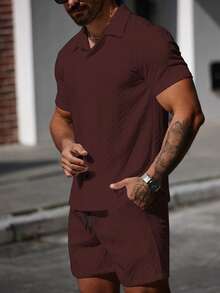 Manfinity CasualCool Men's Casual Button-Down Short Sleeve Shirt Set - Burgundy - View 5