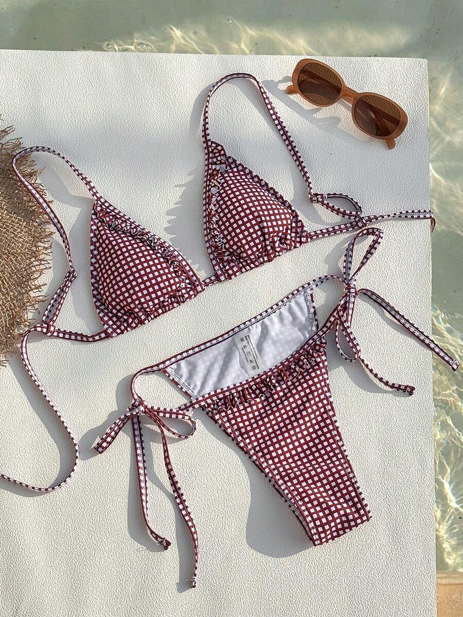 Swim Mod 2026春夏时尚格子印花吊带露背性感比基尼两件套泳衣套装（女款） - 酒紅色 - 查看 1