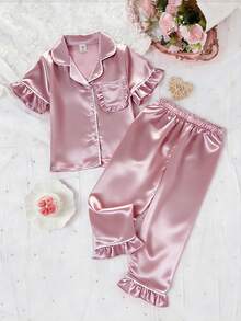 2件套女童纯色荷叶边短袖上衣和裤子家居服套装，春夏款 - 淡紫色 - 查看 3
