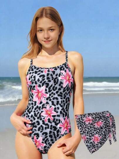 SHEIN Teenager Mädchen Einteiler Badeanzug mit Blumen- und Leoparden-Muster und geknoteter Röckchenpartie