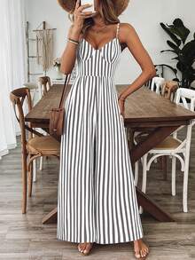 Breezaya Bộ jumpsuit nữ dáng rộng in hoa, dây mảnh, hở lưng, thích hợp cho mùa xuân/hè. - Xám - Xem 3