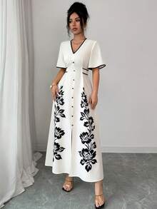 Ellegaria. 女士夏季新款度假休闲V领撞色印花收腰短袖A字连衣裙 - 杏色 - 查看 3