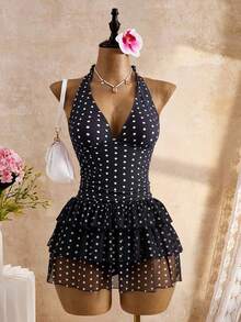 Bellisia 黑色底白色圆点印花露背吊带深V领露背设计三层荷叶边雪纺印花泳衣裙 - 黑與白 - 查看 4