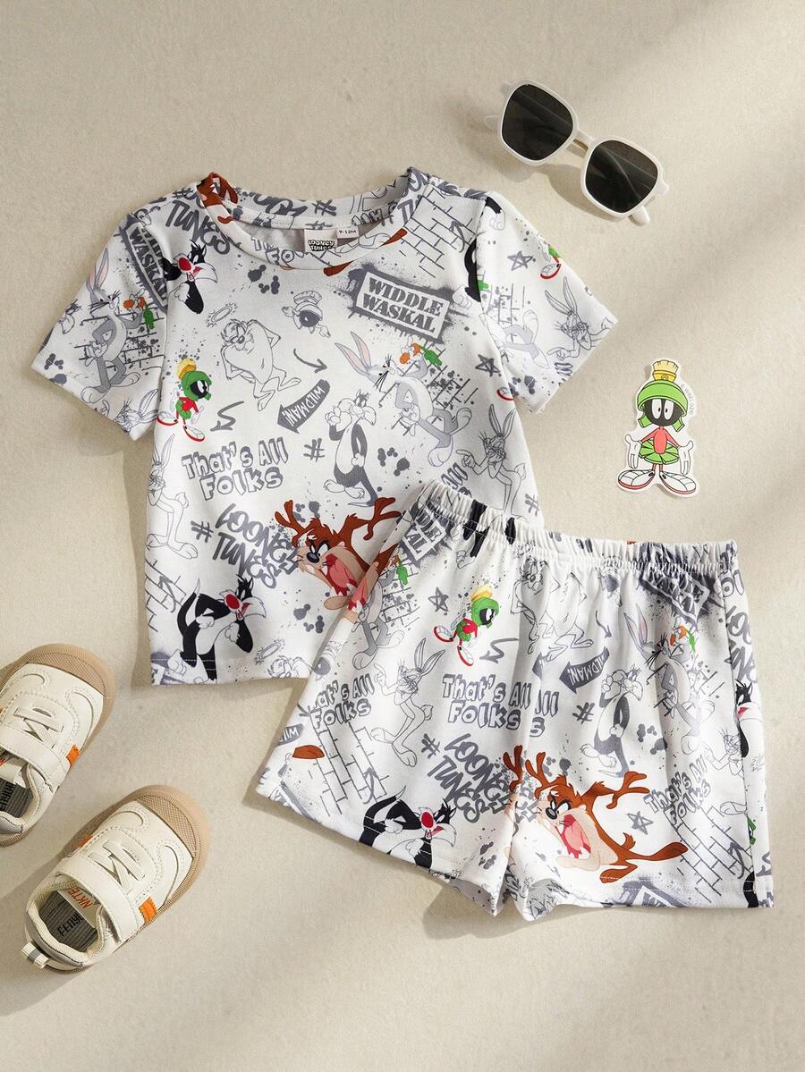 LOONEY TUNES X SHEIN Conjunto de camisetas de manga corta para bebés niños - Blanco - Ver 1