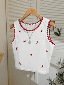Resyla 辣椒刺绣加大码女式吊带背心，时尚贝壳边无袖上衣 - 白色 - 查看 3