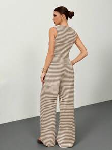 SHEIN Tall 2 piezas Conjunto de top de manga larga con botones delanteros a rayas y pantalones de pierna ancha casuales para mujer, otoño - Multicolor - Ver 3