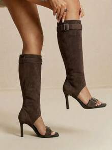 Daringsoles Giày nữ mùa xuân thu bùng nổ, hở mũi, khóa cài, mũi vuông, gót cao mỏng, quai kéo, màu kaki nâu, bốt đẹp, thích hợp đi ngoài trời. - màu nâu - Xem 5