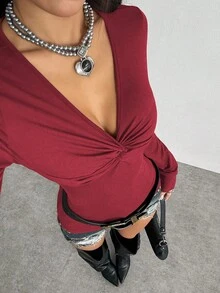 Jeanoix Áo thun tay ngắn cổ chữ V thắt nút màu trơn thời trang mùa thu - Màu Đỏ Sâu - Xem 4