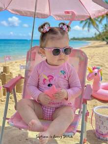 Cozy Pixies 2件套女婴可爱休闲粉色卡通小马图案3D网纱长袖上衣和格子短裤泳衣 - 彩色 - 查看 7