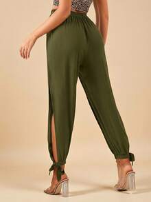 Travachic Split Thigh Knot Hem Solid Pants Spring Summer Clothing - Olive Green - View 2