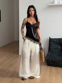 Coolane Women's Spring Streetwear Y2K Casual Chic Daily Wear Fitted Lace Patchwork V-Neck Sleeveless Tank Tops - Black - View 7