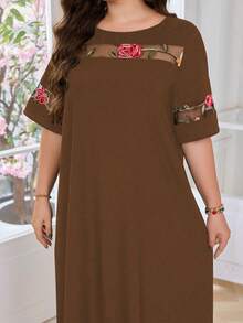 Lacomfia Plus Size Brown Floral Print Round Neck Short Sleeve Dress - Orange - View 7