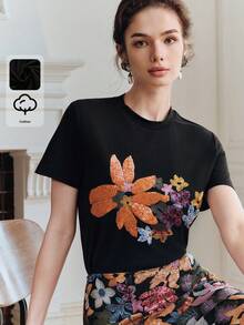 Anewsta 94% Cotton Elegant Women's T-Shirt, Minimalist Commuting Casual Short Sleeve Round Neck Embellished With Sequin Embroidery, Black - Black - View 1
