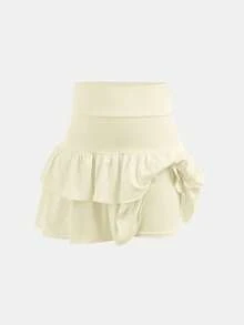 SHEIN Girlism Tween Girls Knitted Solid Color Cute Ruffle Layered Built-In Shorts Mini Skirt, Y2K Fashion, Back To School,Kids - Beige - View 6