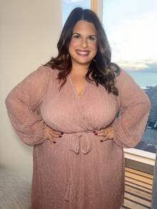 Enliva Vestido De Talla Grande Con Cuello En V, Manga De Linterna Y Cinturón - Rosa vieja - Ver 4