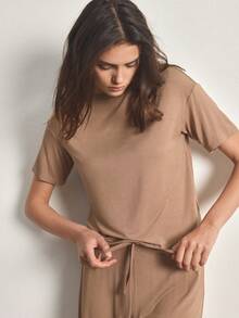 Ocili Comfortable Silky Cotton Short Sleeve & Pants Pajama Set For Women - Khaki - View 7