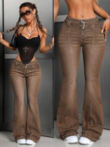 SHEIN Tall 女士休闲腰带复古喇叭牛仔裤 - 棕色 - 查看 1