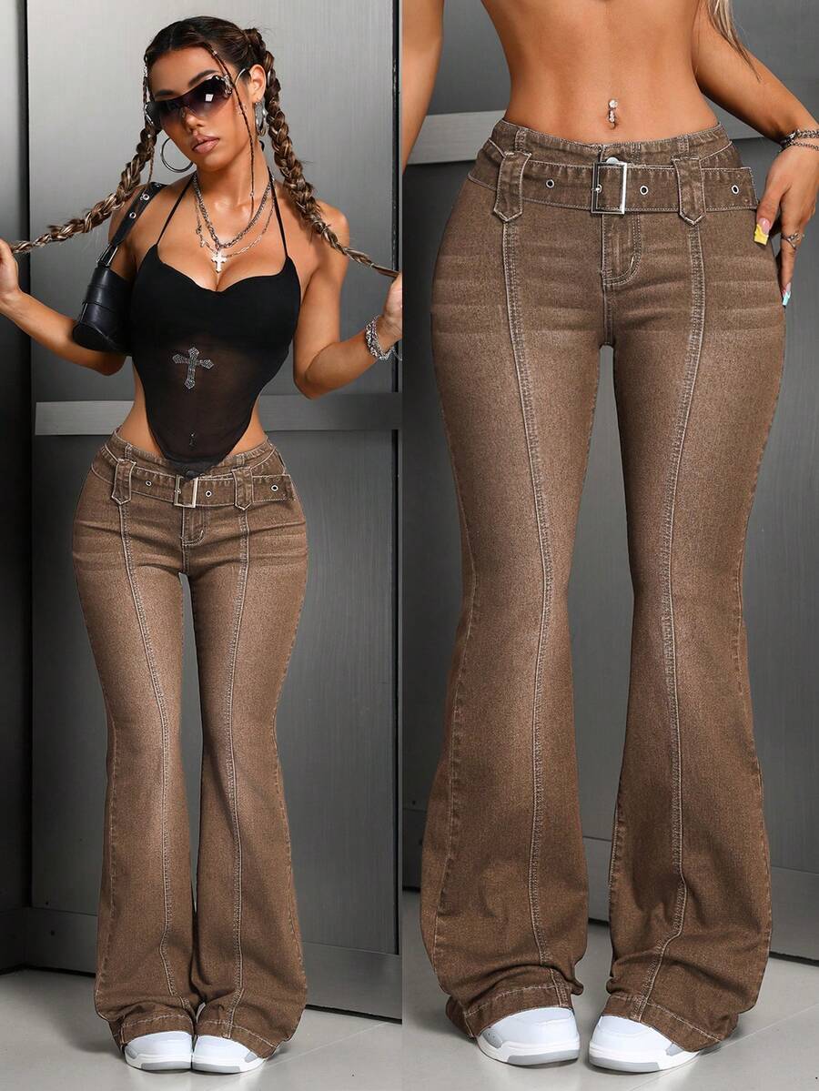 SHEIN Tall 女士休闲腰带复古喇叭牛仔裤 - 棕色 - 查看 1