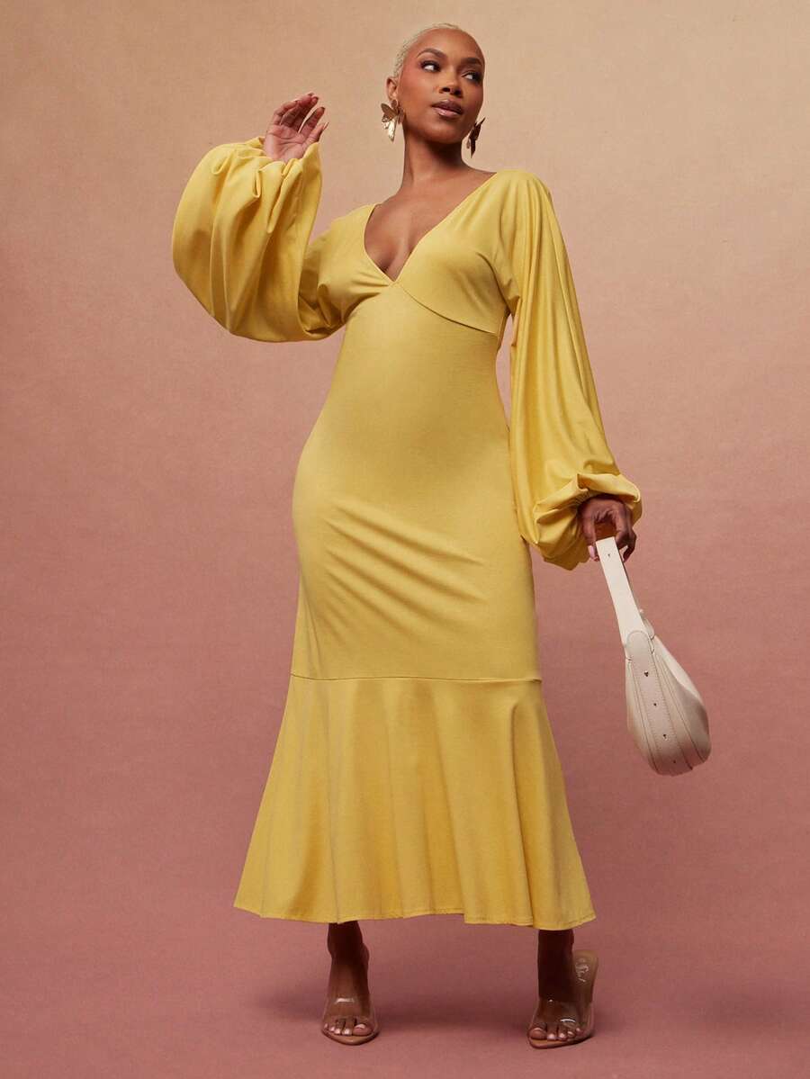 Vixey Đầm midi cổ chữ V tay phồng, gấu xếp ly - Màu vàng - Xem 1