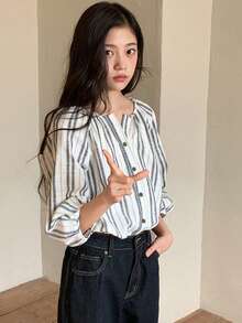 DAZY 少女条纹单排扣休闲百搭日常衬衫 - 黑與白 - 查看 4